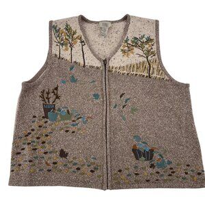 Vintage Teddi Womens Embroidered Knit Vest With Nature Scene Zip Front Large